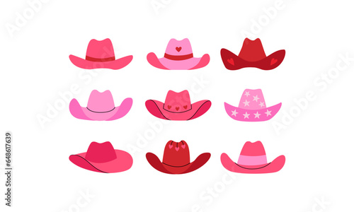 Set of various pink cowboy hats. Vector flat illustration on isolated background. Cowgirl western accessory in disco party concept