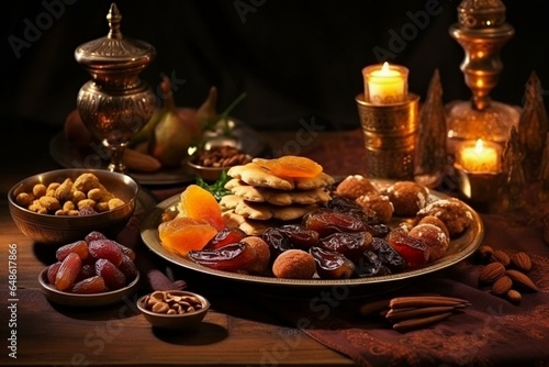 End of fasting celebration with dates, oriental food, and sweets. Traditional Middle Eastern evening meal. Generative AI