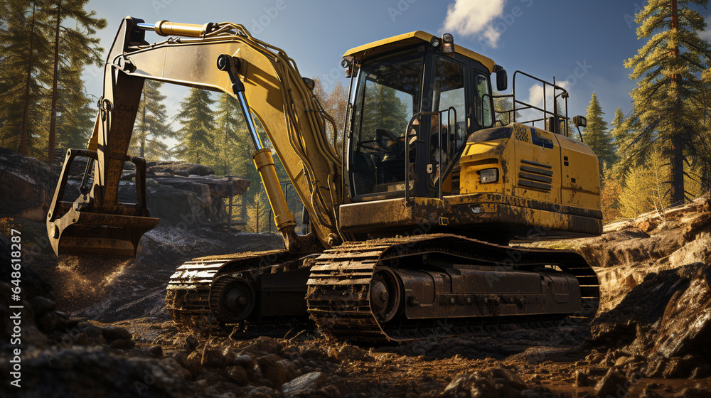 Excavator is in work. Excavator is in work.