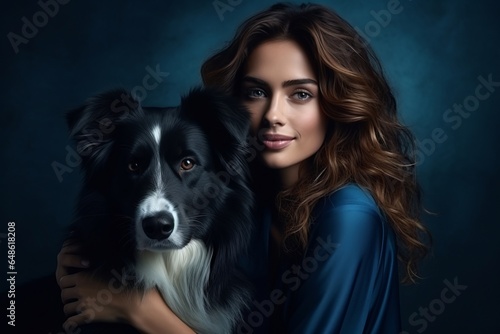 Photo of a woman holding a black and white dog against a blue studio backdrop created with Generative AI technology © AI Visual Vault