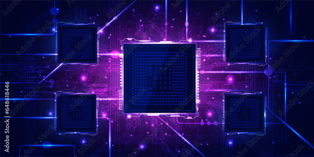 Digital technology CPU processor chip blue background, cyber nano circuit board microchip, abstract communication, innovation futuristic tech, internet network connection, Ai big data, illustration 3d