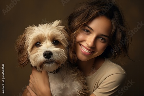 Photo of a woman holding a small dog in her arms created with Generative AI technology