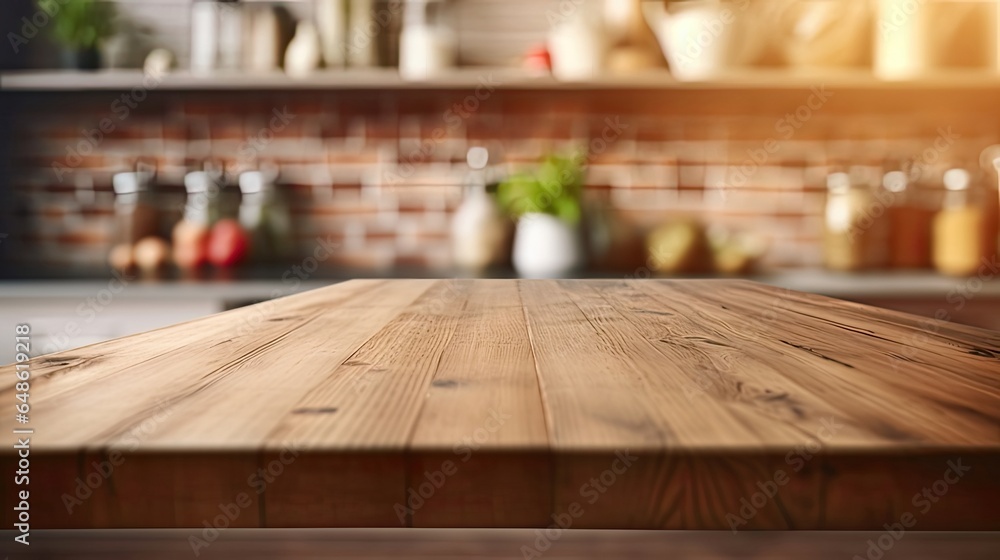 Empty Wooden Table on a Blurred Kitchen Bench Background. Table Setting and Kitchen Scene