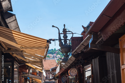 Nice views of old buildings and narrow streets in the historical center, Stari Grad, of Sarajevo, Bosnia and Herzegovina