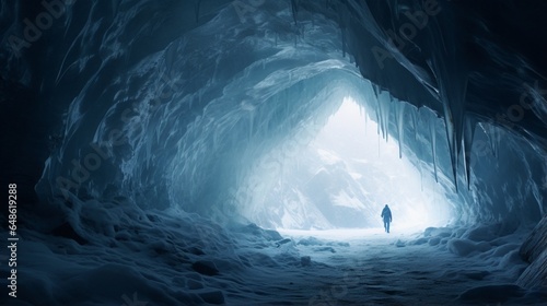 At the entrance of an ice cave, a person is seen