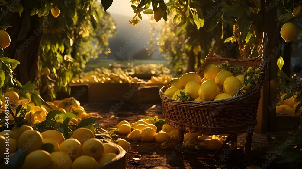 Mediterranean Citrus Glow: Lemons Radiating Sunlit Freshness. Nestled on a rustic table, sun-kissed lemons shine brightly, their zest and aroma blending with the picturesque backdrop of rolling hills - obrazy, fototapety, plakaty 