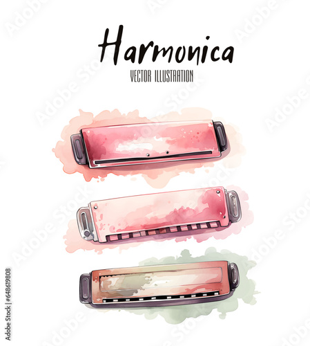 Harmonica Vector, Watercolor Vector Illustration. Wind Instrument Vector Design