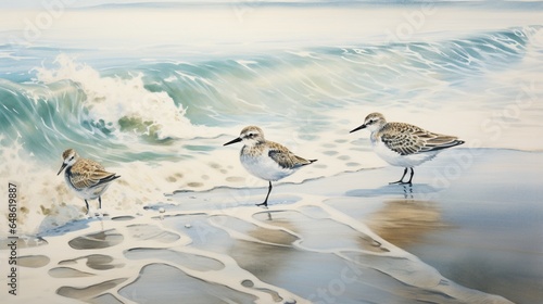 At the water's edge, sandpiper birds in the waves