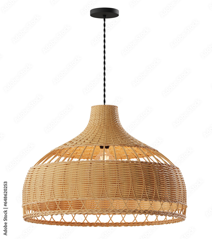 Wicker shade lamp or Rattan Ceiling lamp with vintage electric light bulb. Decorative of bamboo ceiling lamp. Png transparency - obrazy, fototapety, plakaty 