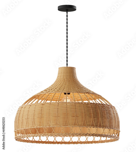 Wicker shade lamp or Rattan Ceiling lamp with vintage electric light bulb. Decorative of bamboo ceiling lamp. Png transparency