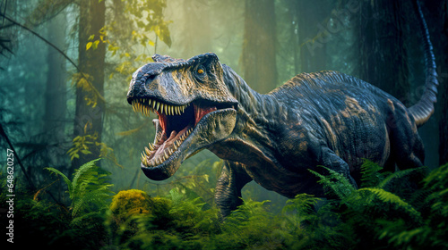 ferocious huge tyrannosaurus, causing horror, looking for prey in the forest. Generative Ai © PETR BABKIN