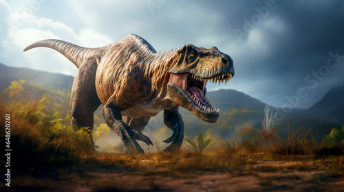 a ferocious and huge tyrannosaurus with an open mouth runs through the highlands in search of prey