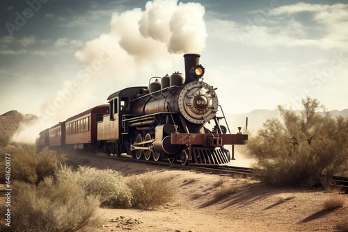 Old-fashioned steam-powered train in a desert landscape. Generative AI