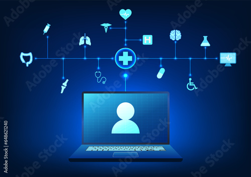 Medical technology Laptop with medical icons It shows that patients can contact to consult about their symptoms through the communication system instead of coming to the hospital