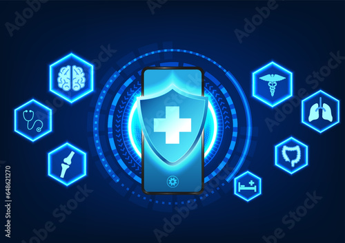 Medical technology The smartphone screen has a Medical Neutrality symbol and medical icons on the side, indicating medical technology that gives patients quick access to treatment.