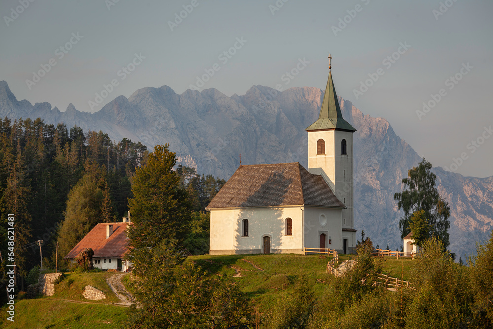 Sveti Duh (St. Spirit) church under mountain Olseva in Kamnik-Savinja Alps, Slovenia