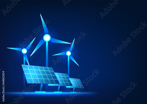 Windmill technology and solar panels It is a clean energy technology that produces electricity for cities. Energy derived from wind and thermal energy from the sun. Vector illustration