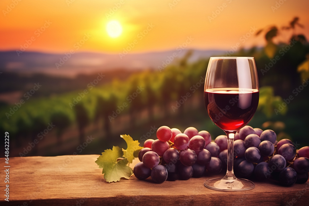 Pouring red wine from a bottle into a wine glass on a vineyard, winery background at golden sunset. Wine country, winemaking, vino rosso on a rustic table with a bunch of fresh grapes. Generative AI