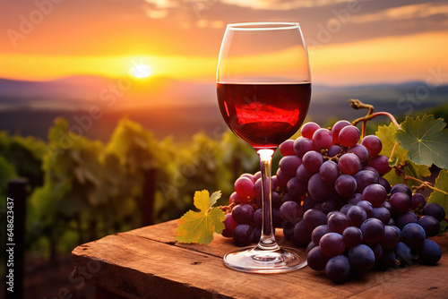 Pouring red wine from a bottle into a wine glass on a vineyard, winery background at golden sunset. Wine country, winemaking, vino rosso on a rustic table with a bunch of fresh grapes. Generative AI