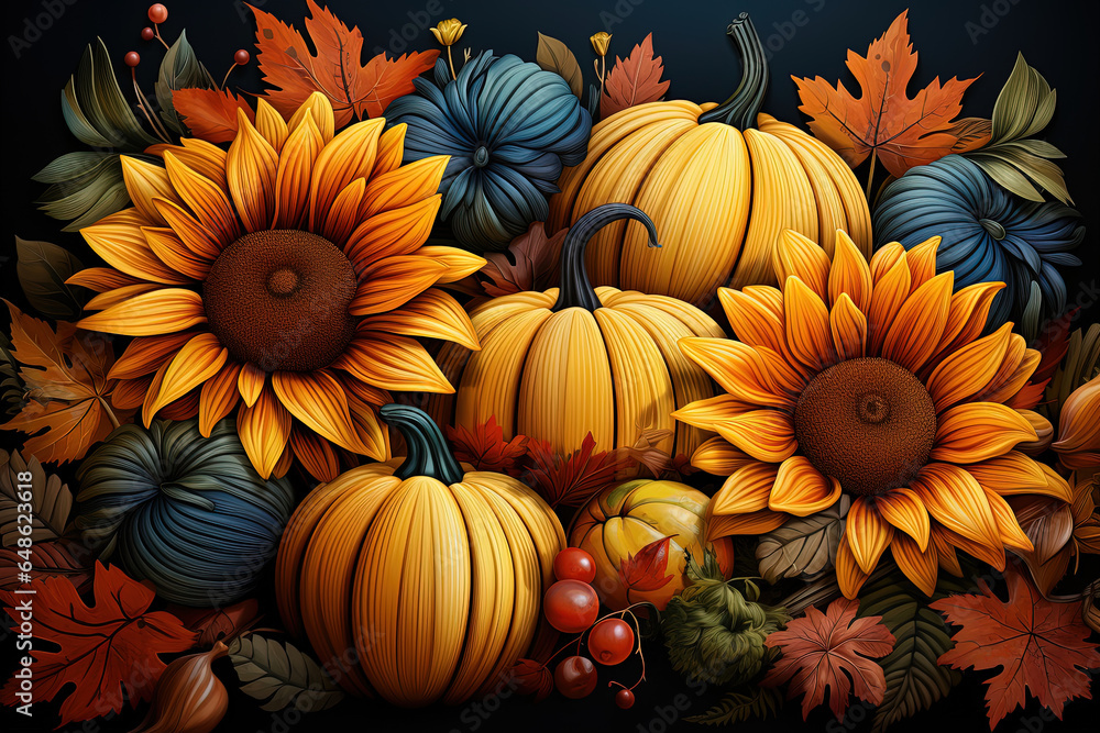 Autumn and Spring Artistic Background with Pumpkins, Fruits, Flowers, Vegetables, and Sunflowers for Interior Mural Wall Art. Halloween and Thanksgiving Illustration Banner Autumn and Spring Artistic Background with Pumpkins, Fruits, Flowers, Vegetables, and Sunflowers for Interior Mural Wall Art. Halloween and Thanksgiving Illustration Banner