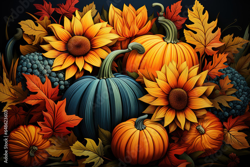 Autumn and Spring Artistic Background with Pumpkins  Fruits  Flowers  Vegetables  and Sunflowers for Interior Mural Wall Art. Halloween and Thanksgiving Illustration Banner