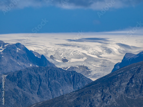 View of the glaciers of the Lyngen Alps (Lyngsalpene) mountain range, near Tromsø, Troms of Finnmark, Norway