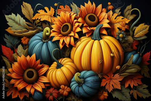Autumn and Spring Artistic Background with Pumpkins  Fruits  Flowers  Vegetables  and Sunflowers for Interior Mural Wall Art. Halloween and Thanksgiving Illustration Banner