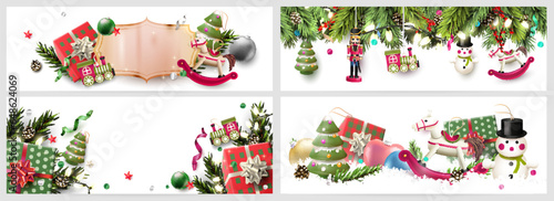 Christmas banners with traditional decorations, gift boxes and wooden toys. White background
