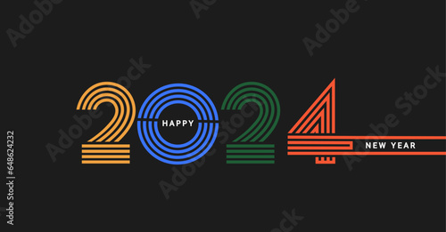 Modern banner for 2024 happy new year.Numbers from different colors lines with wishing on black background.Minimalistic design,template for flyer,web,cover,calendar,web,presentation,print.Vector