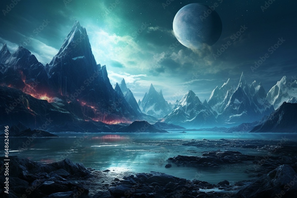 Mystical landscape: alien world, water, moon, mountains, mist, sky, huge. Generative AI