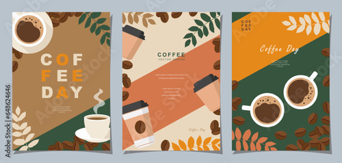 Set of sketch banners with coffee beans and leaves on minimal background for invitations, cards, banner, poster, cover, cafe menu or another template design. vector illustration.