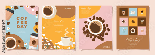 Set of Sketch banners with coffee beans and leaves on colorful background for poster or another template design. vector illustration.