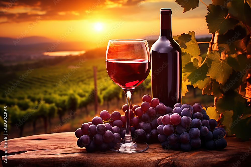 Pouring red wine from a bottle into a wine glass on a vineyard, winery background at golden sunset. Wine country, winemaking, vino rosso on a rustic table with a bunch of fresh grapes. Generative AI