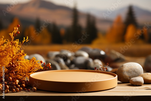 Empty wooden product podium with autumn leaves on forest background. Podium for design, cosmetic and product, presentation, fall concept. AI generative