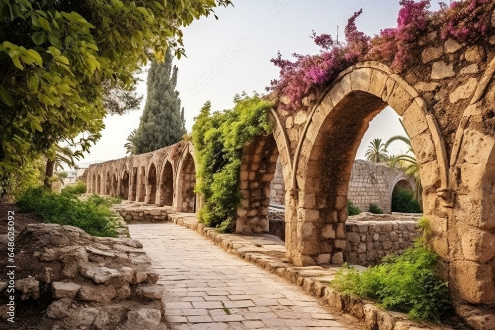 Beautiful historic walkway among the ruins of old buildings in Turkey's Mersin province. Travel and tourism concept. Generative AI