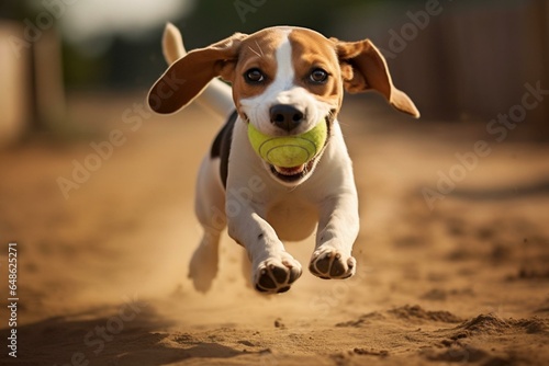 Energetic beagle bounding playfully outdoors towards the camera with a toy. Generative AI