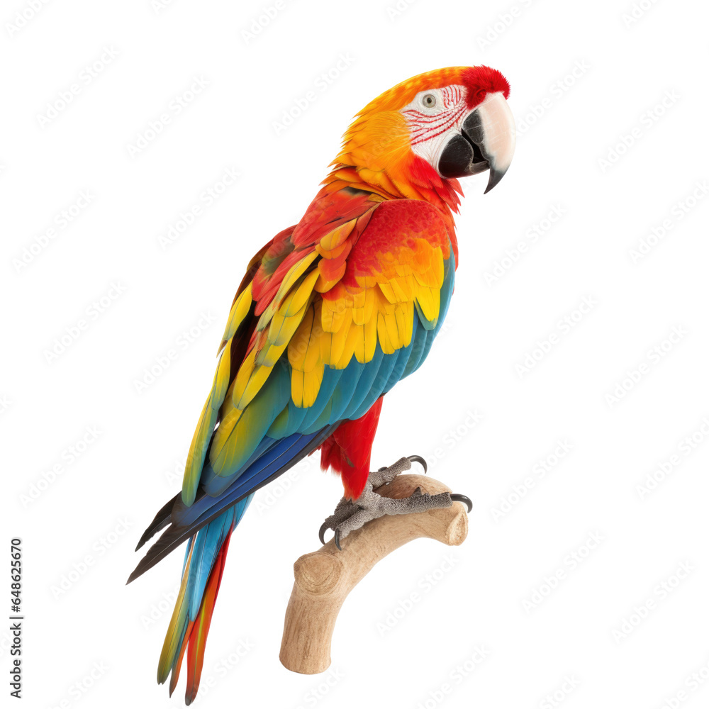 Beautiful macaw parrot standing on a dry tree branch isolated on white background