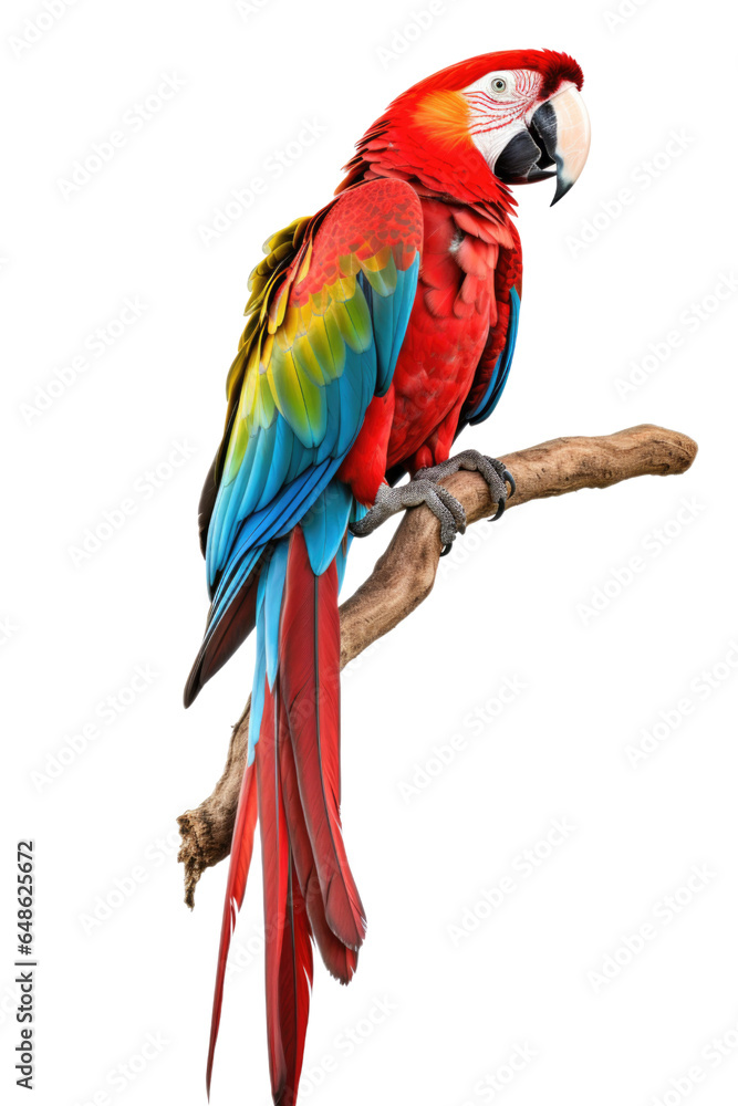 Beautiful macaw parrot standing on a dry tree branch isolated on white background