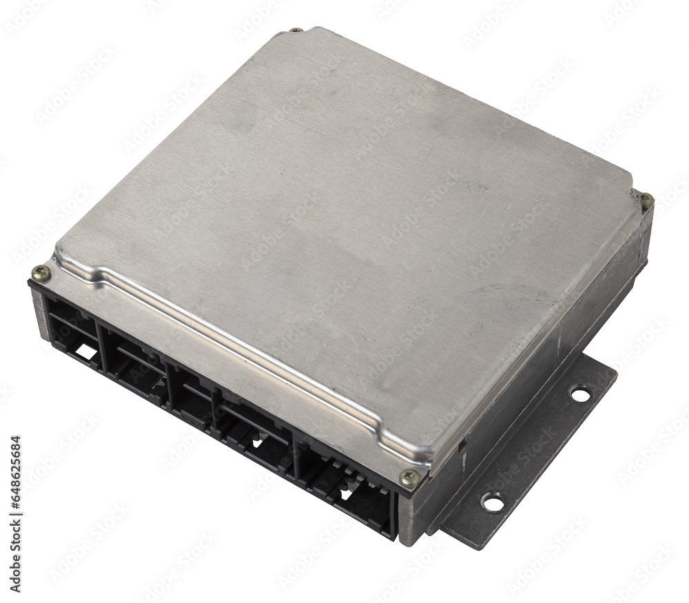 Plastic car engine control unit with metal elements on a white isolated ...