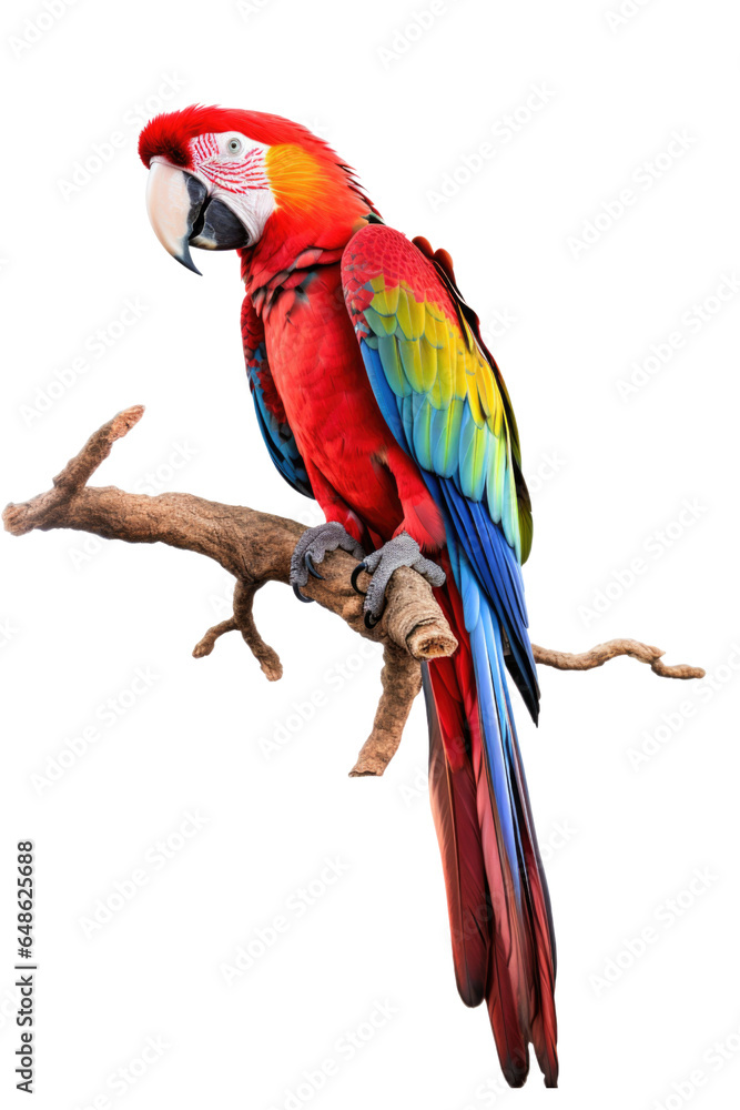 Macaw parrot standing on a dry tree branch isolated on white background