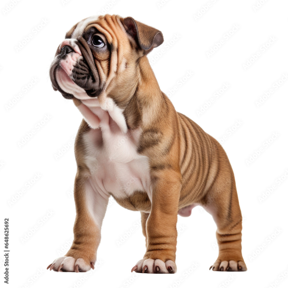 Cute English Bulldog standing and looking at side view isolated on white background