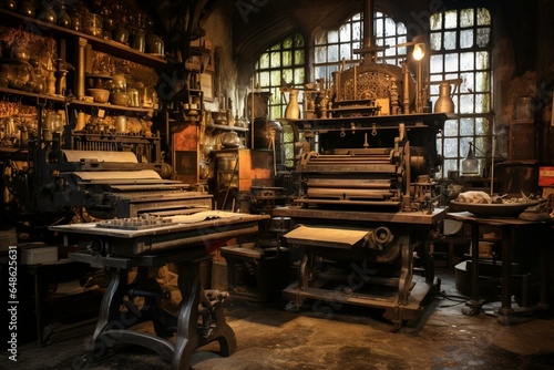 Antique printshop with an aged printing press. Generative AI