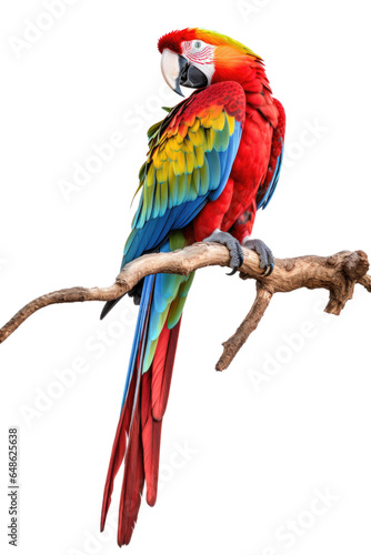 Colorful macaw parrot standing on a dry tree branch isolated on white background