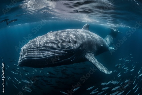A massive whale swimming in the sea with numerous fish near its neck and head  surrounded by water  and a few fish near its head. Generative AI