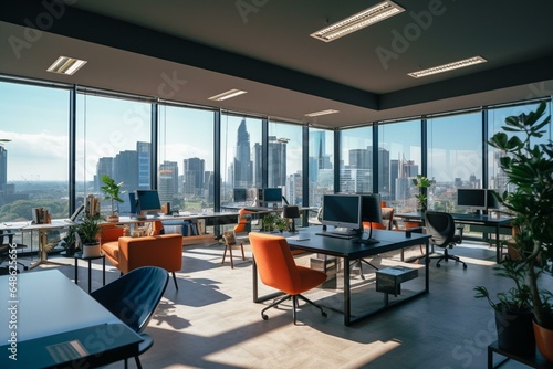 Modern coworking office with furniture, equipment and city view window, filled with natural light. Generative AI