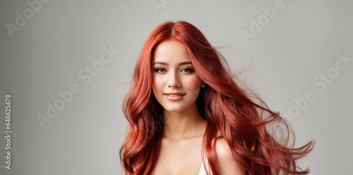 Portrait of a beautiful woman with very long red hair
