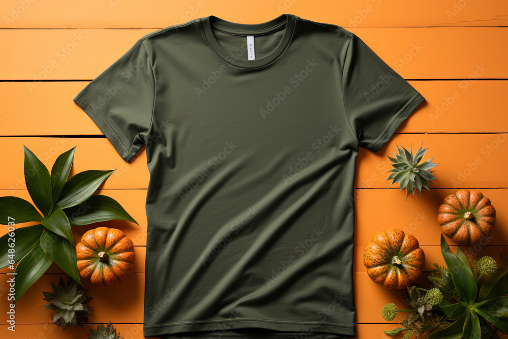 Men's t-shirt mockup with blank space for design, pumpkin and leaves Halloween decoration, on an orange background. Print presentation blank mock-up. Top view flat lay gray color t-shirt Men's t-shirt mockup with blank space for design, pumpkin and leaves Halloween decoration, on an orange background. Print presentation blank mock-up. Top view flat lay gray color t-shirt