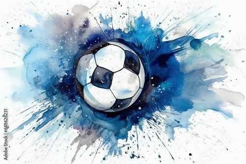 Abstract soccer ball watercolor art with blue sport print, creative wall decoration. Generative AI