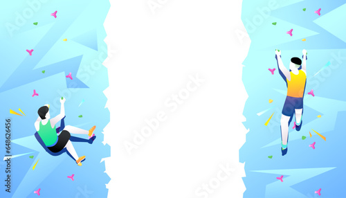 Two sportman climbing artificial rock wall. Extreme sports concept