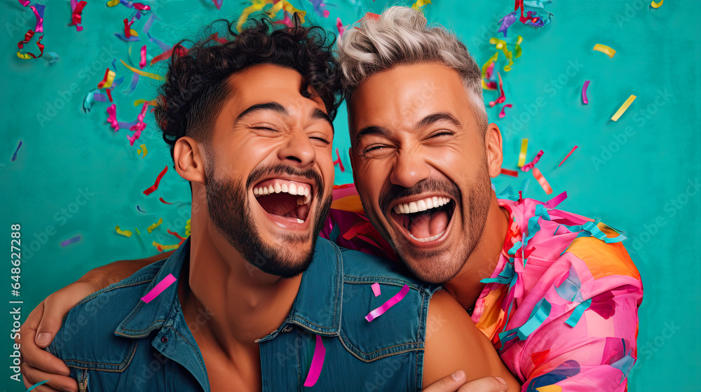 Portrait of LGBTQ+ Men Celebrating and Having Fun on Camera in  Bright Studio